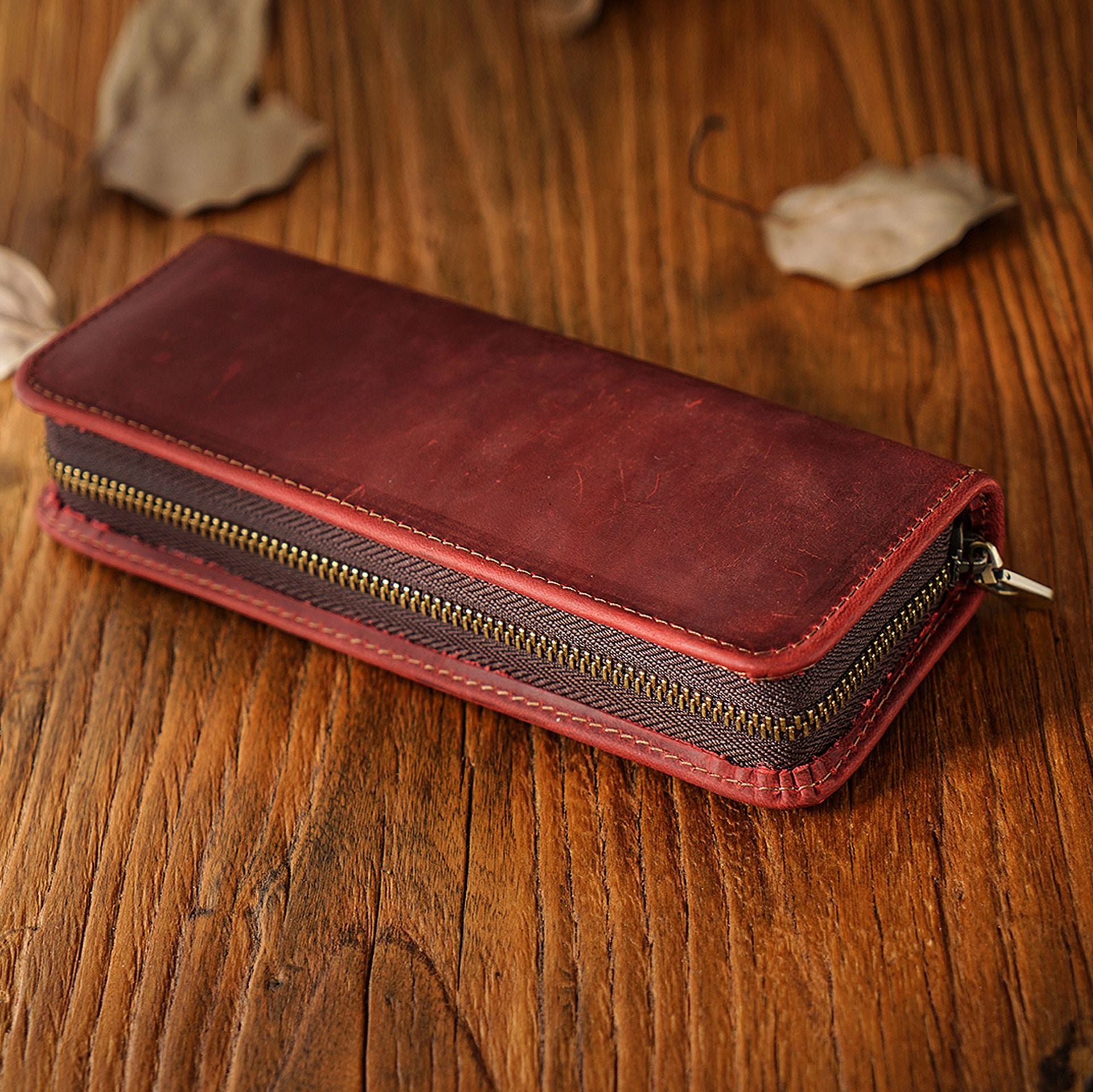 Wholesale First Layer Cowhide Retro Square Men's Zipper Pencil Case